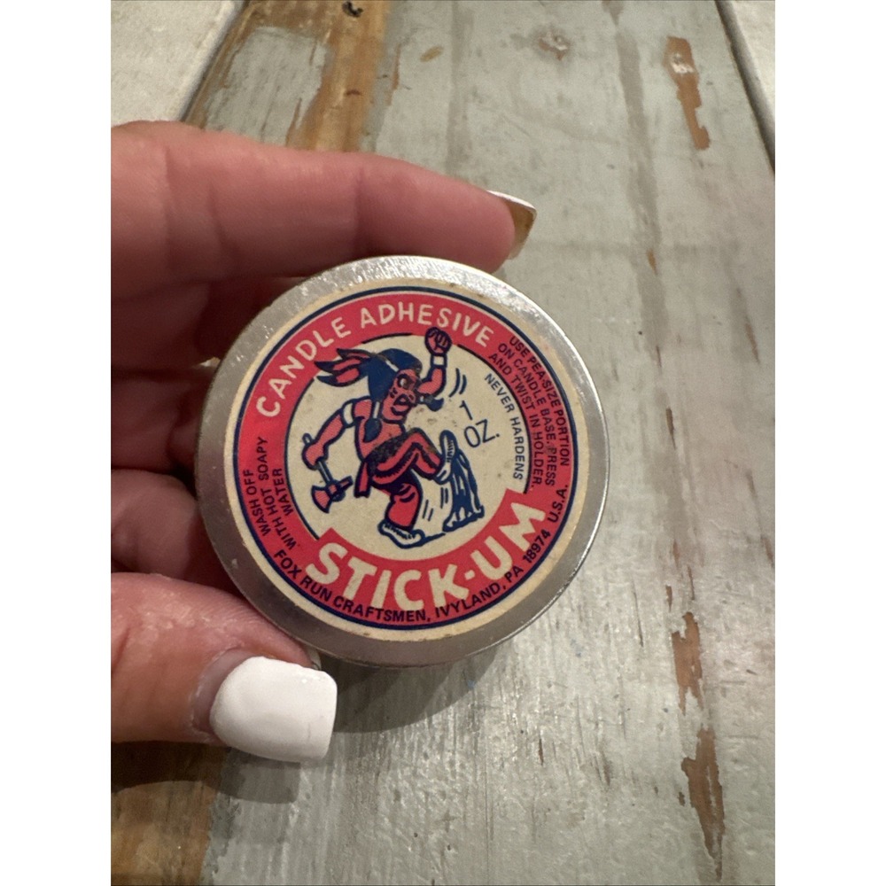 Vintage Stick-Um Candle Adhesive Tin 1 oz American Indian. 3/4 Full